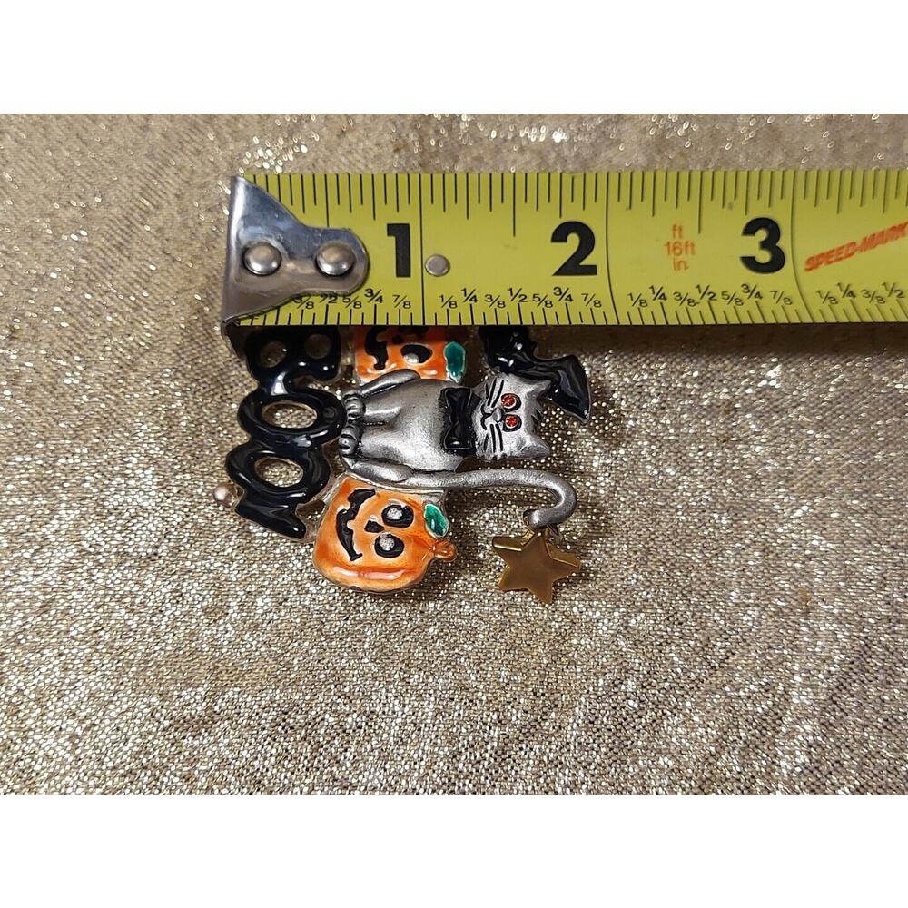 Vintage AJMC Large Halloween Cat Jack O Lantern Bat Boo Enamel Pewter Brooch Pin - Picture 12 of 12